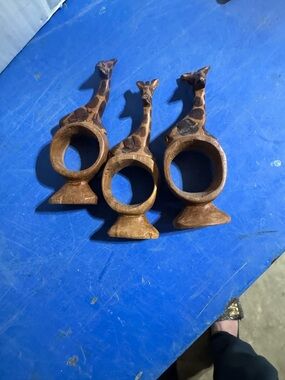 Carved Wooden Giraffe Napkin Rings - Set of 3 - Brown